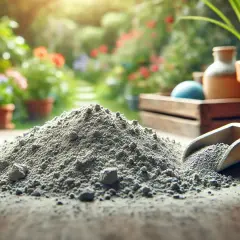 Kupa popiołu z pelletu na drewnianym stole, obok drewnianej łopatki i doniczek w ogrodzie.